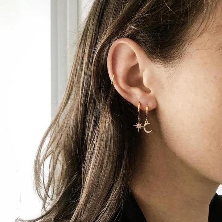 Star + Moon Asymmetric Hoop Earrings (Gold + Silver) - Asian Fashion Lianox