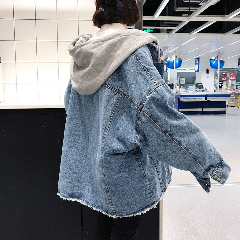 Hooded Jean Jacket With Loose Fit