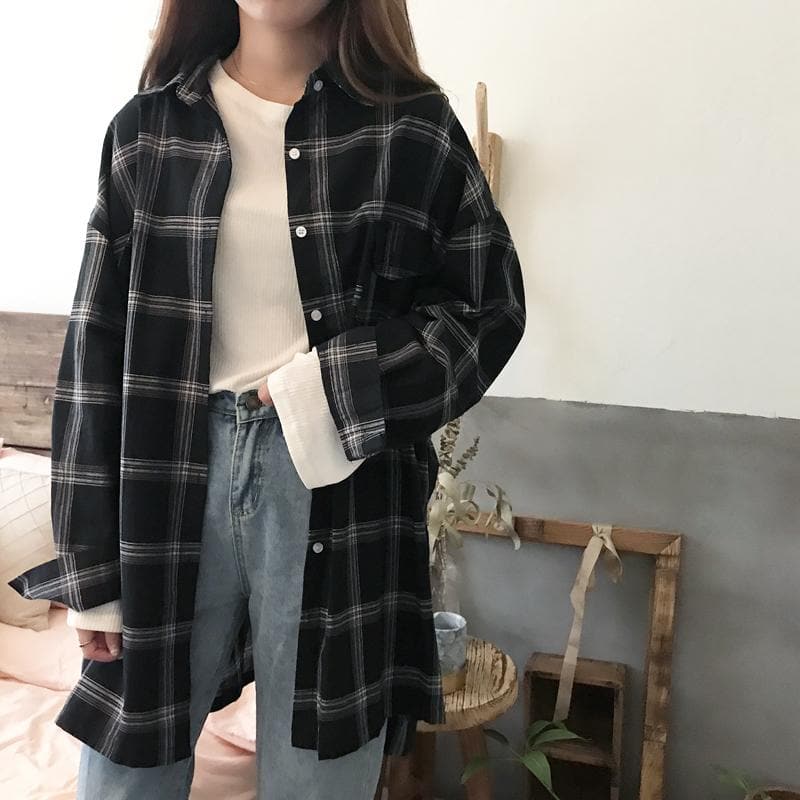 Plaid Long Shirt - Asian Fashion Lianox