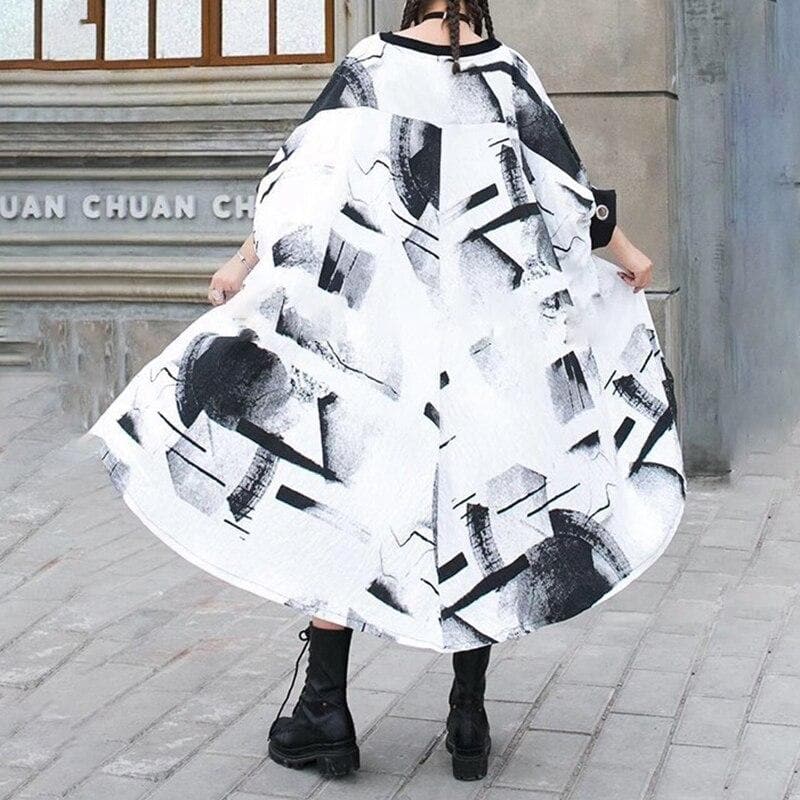 Cape-Like Dress With Ruffled Hem And Abstract Print - Asian Fashion Lianox