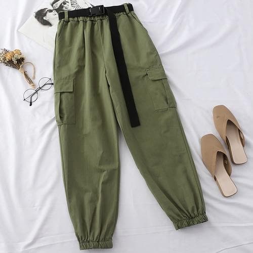 High Waist Cargo Pants with Belt - Asian Fashion Lianox