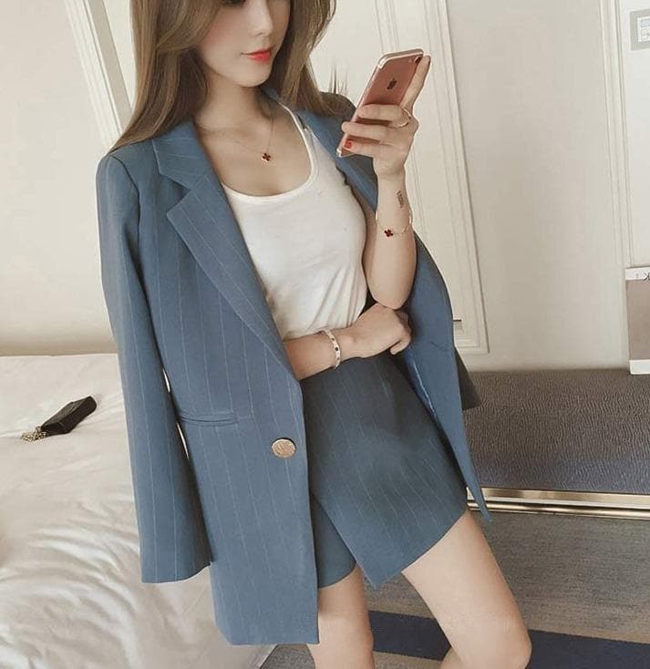 Pinstripe Two-Piece-Set (Long Blazer/Coat + Wrap Skirt) - Asian Fashion Lianox