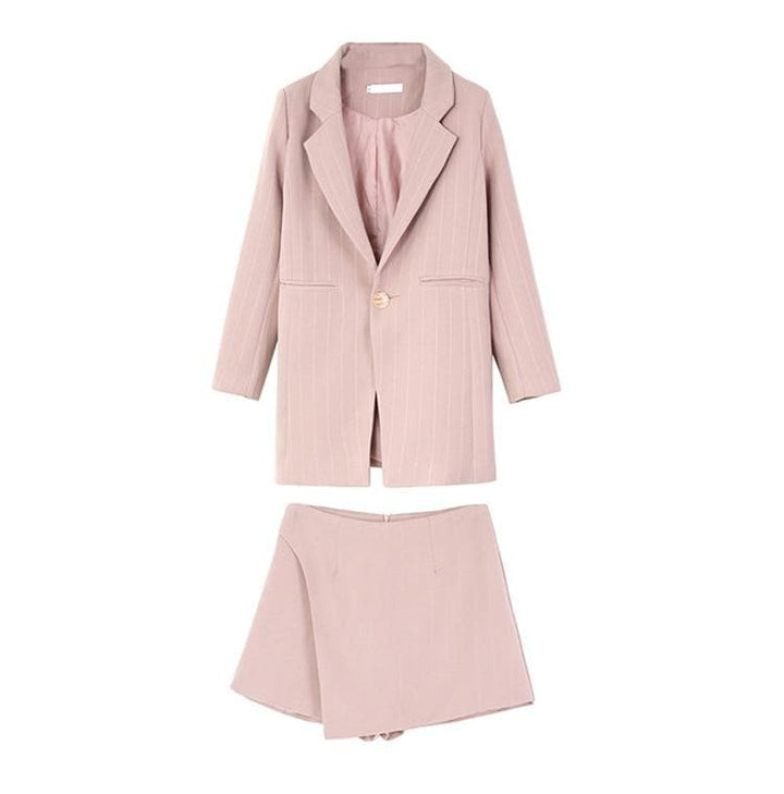 Pinstripe Two-Piece-Set (Long Blazer/Coat + Wrap Skirt) - Asian Fashion Lianox