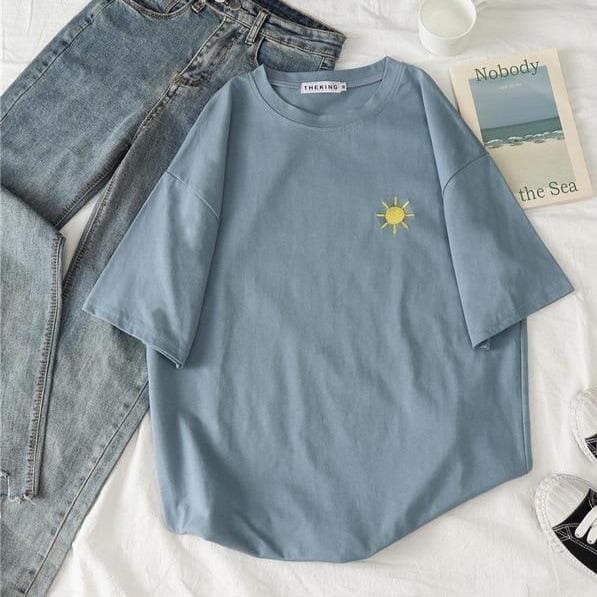 Basic T-Shirt With Chest Embroidery (Sun, Moon, Cloud ...) - Asian Fashion Lianox