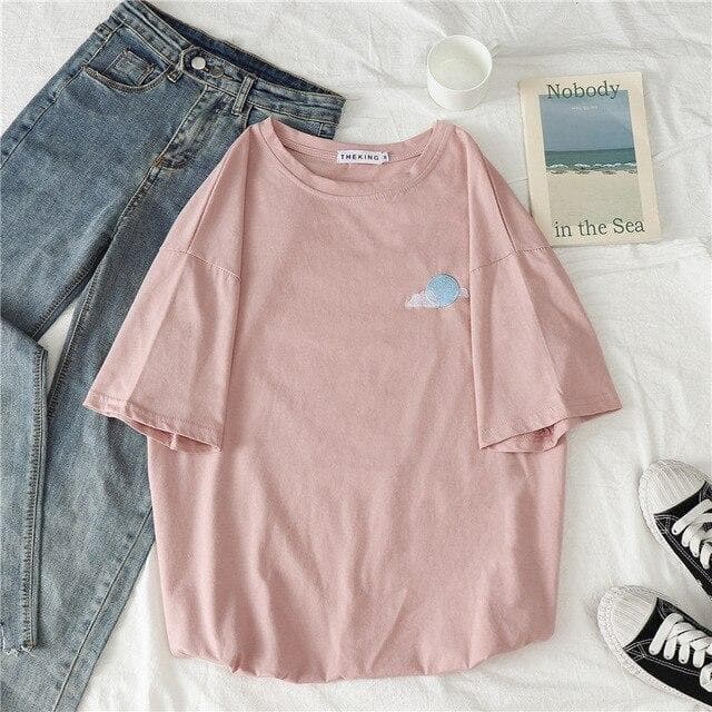 Basic T-Shirt With Chest Embroidery (Sun, Moon, Cloud ...) - Asian Fashion Lianox