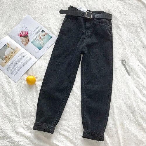 BF Style High Waist Jeans with Belt - Asian Fashion Lianox