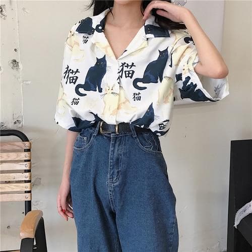 Short-Sleeved Shirt with Japanese Lettering and Cat Print - Asian Fashion Lianox