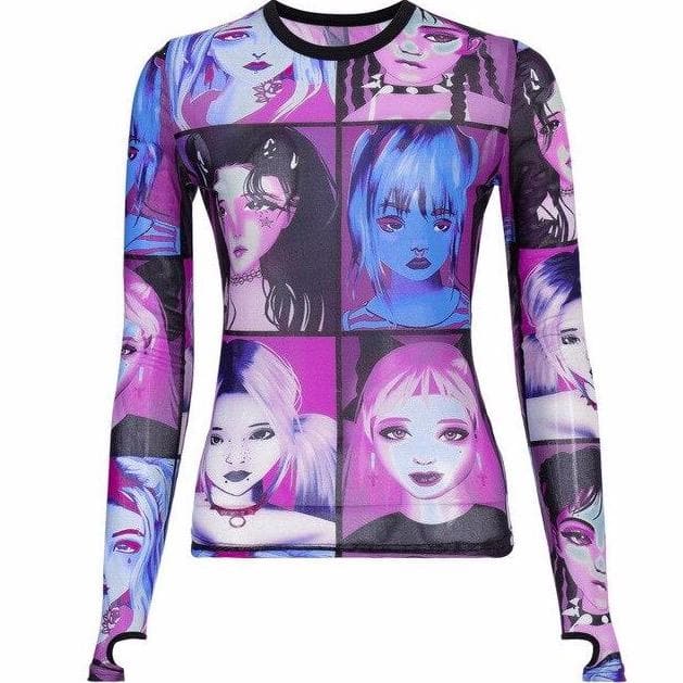Longsleeved Mesh Shirt With Faces Print - Asian Fashion Lianox