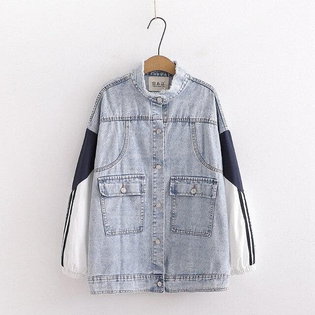 Denim Coat with Patchwork Sleeves - Asian Fashion Lianox