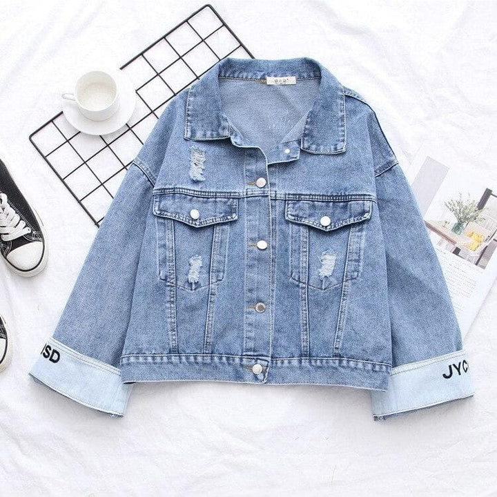 Denim Jacket with Lettering - Asian Fashion Lianox