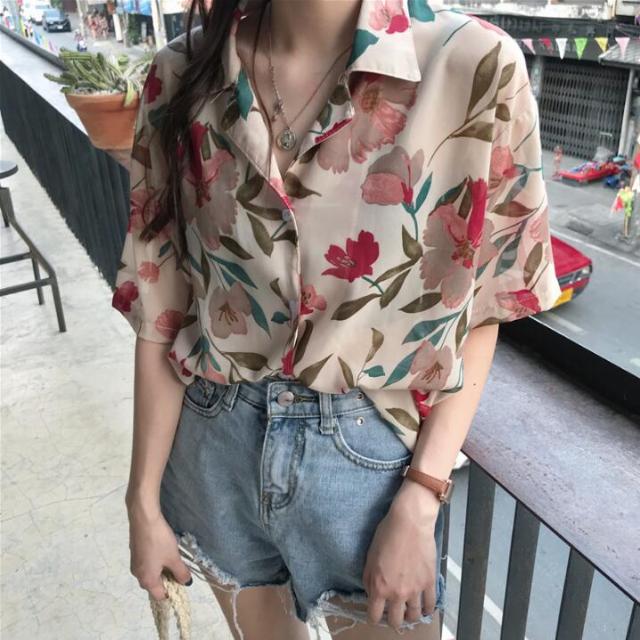 Shortsleeved Button-Down Blouse With Floral Print