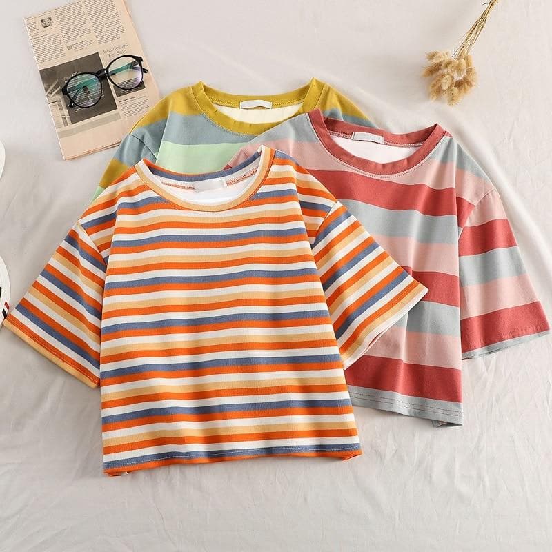 Crop Shirt with Stripes - Asian Fashion Lianox