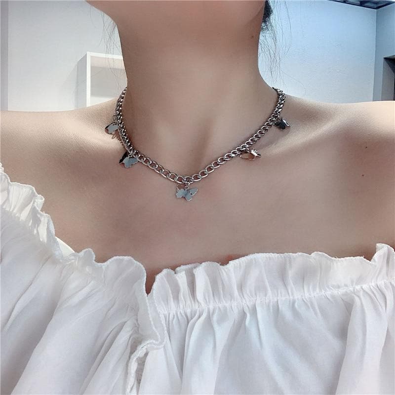 Silver Chain Choker With Butterfly Pendants - Asian Fashion Lianox