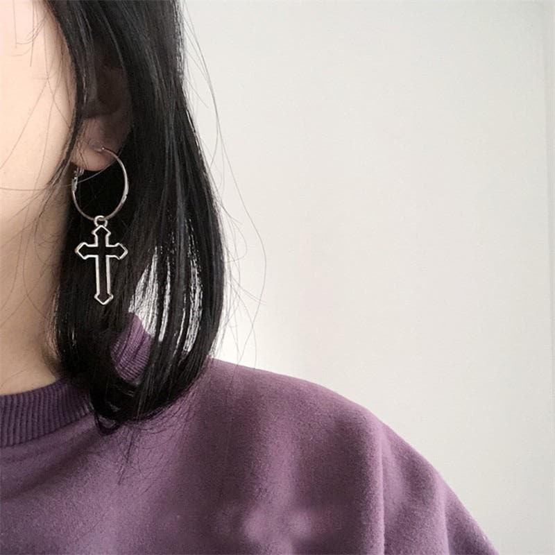 Silver Hoop Earrings With Cross Pendant - Asian Fashion Lianox