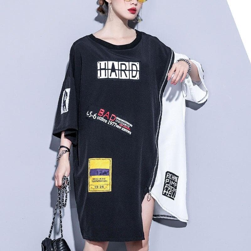 "HARD" Patchwork T-Shirt With Zipper And Prints - Asian Fashion Lianox