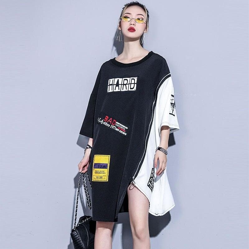 "HARD" Patchwork T-Shirt With Zipper And Prints - Asian Fashion Lianox