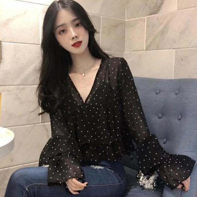 Transparent Ruffled Blouse With Polka Dots - Asian Fashion Lianox
