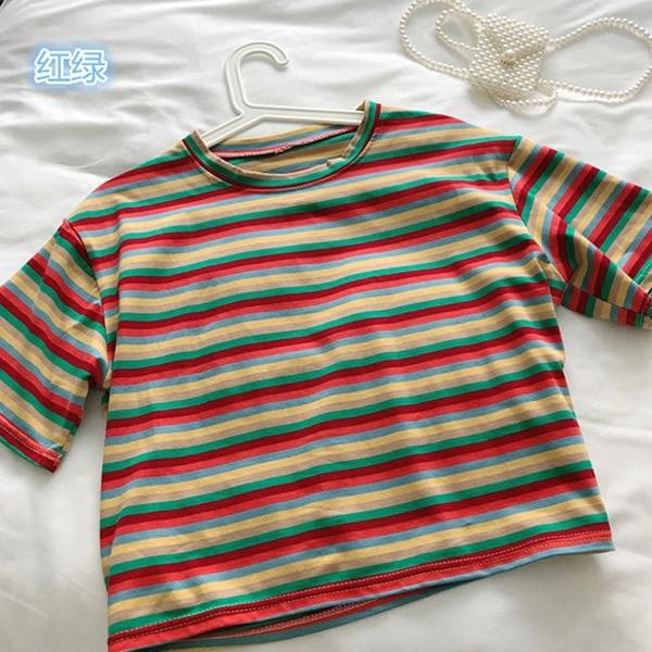 Crop Shirt with Stripes - Asian Fashion Lianox