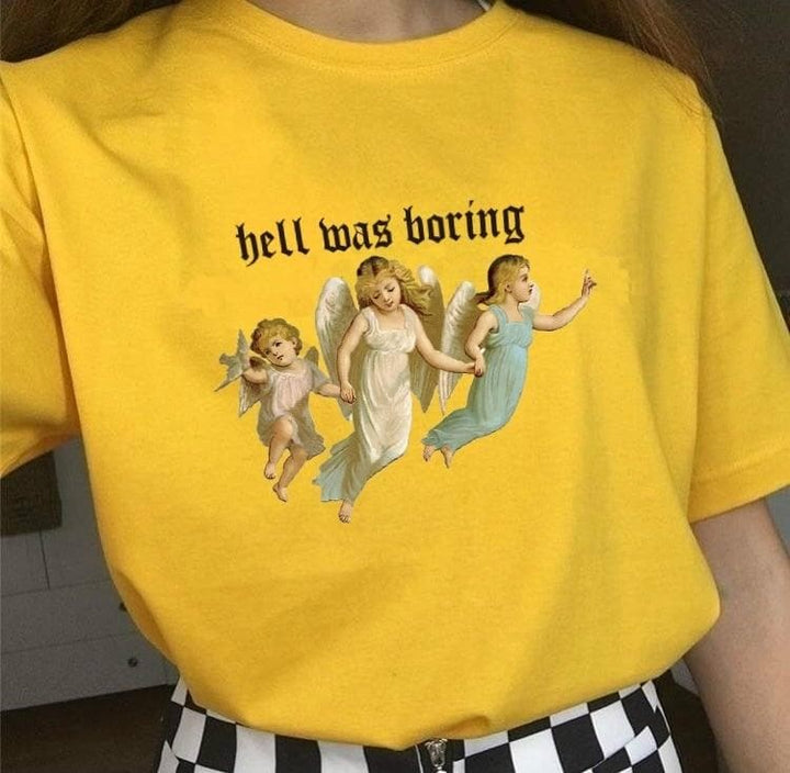 "hell was boring" Tee With Angel Print - Asian Fashion Lianox