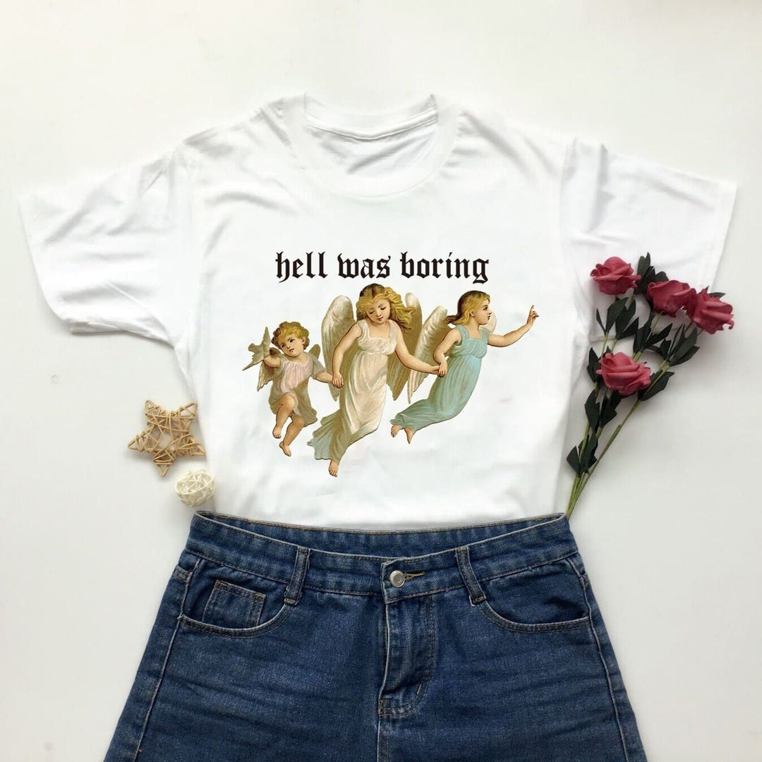 "hell was boring" Tee With Angel Print - Asian Fashion Lianox