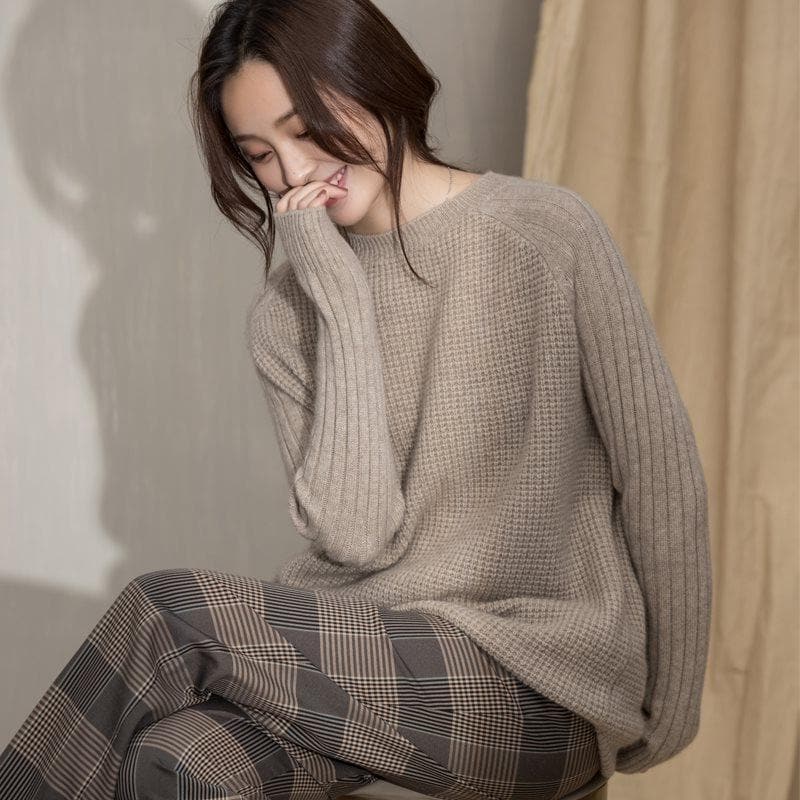 Knit Sweater with Ribbed Sleeves - Asian Fashion Lianox