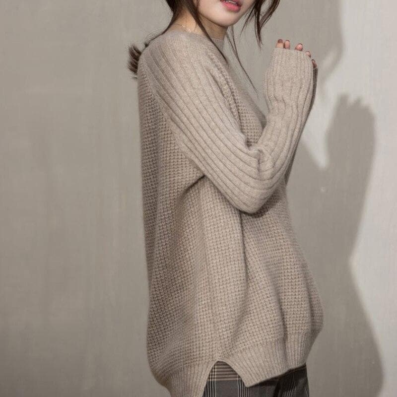 Knit Sweater with Ribbed Sleeves - Asian Fashion Lianox