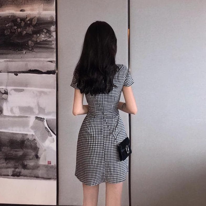 Gingham Dress With Short Sleeves - Asian Fashion Lianox