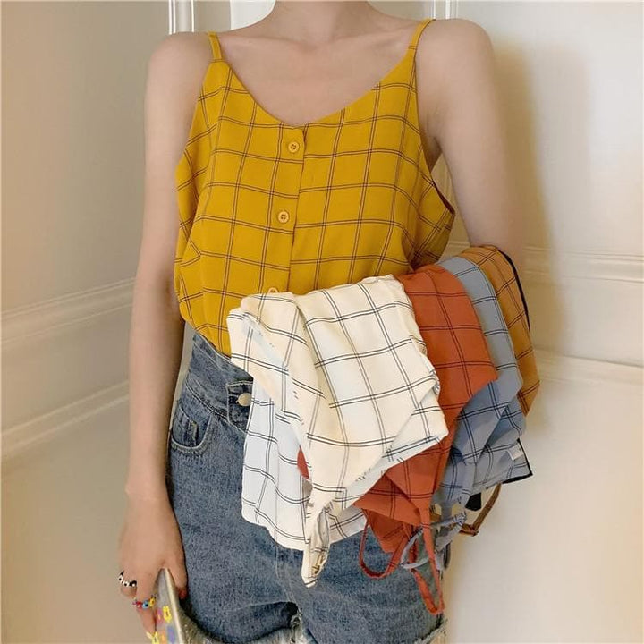 Sleeveless Plaid Blouse with Buttons - Asian Fashion Lianox
