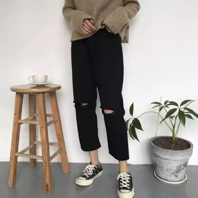 High Waist Pants with + without Ripped Accents - Asian Fashion Lianox