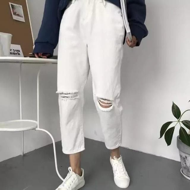 High Waist Pants with + without Ripped Accents - Asian Fashion Lianox