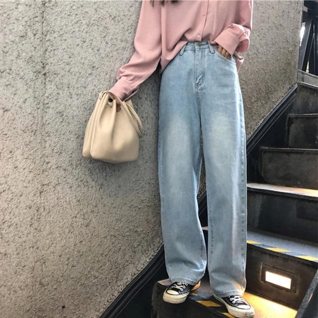 Full Length Wide-Leg Denim Pants - Asian Fashion Lianox