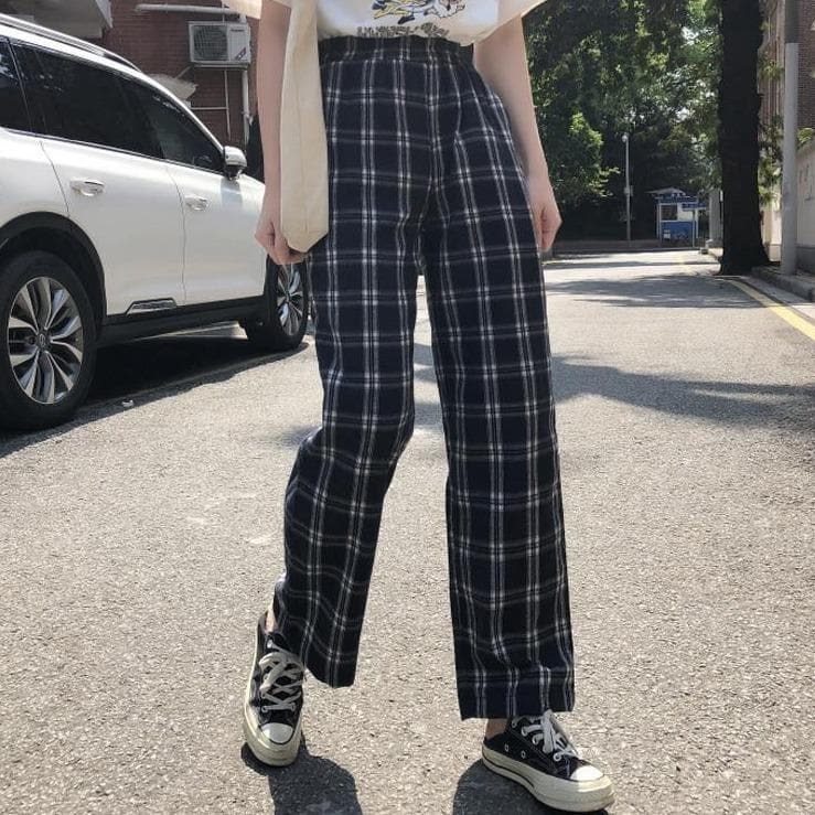 Plaid Pants With Loose Fit - Asian Fashion Lianox