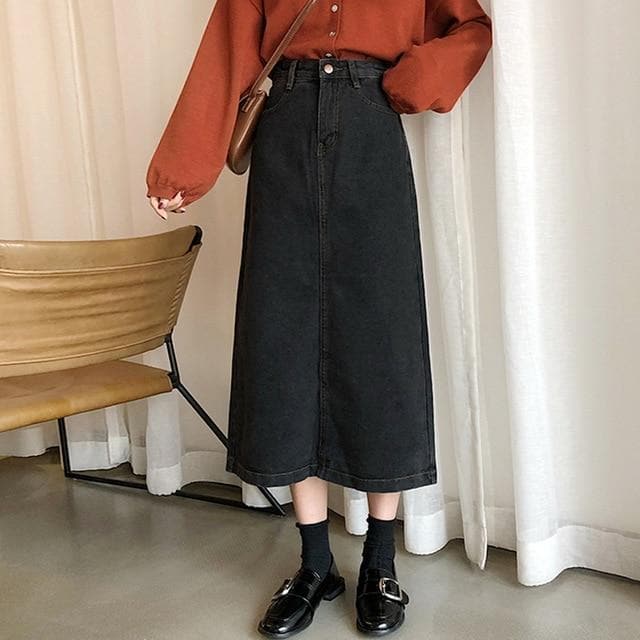 Midi Denim Skirt With Hem Split - Asian Fashion Lianox