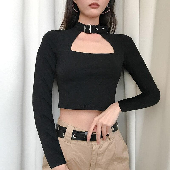 Cropped Longsleeve With Chest Cut-Out - Asian Fashion Lianox