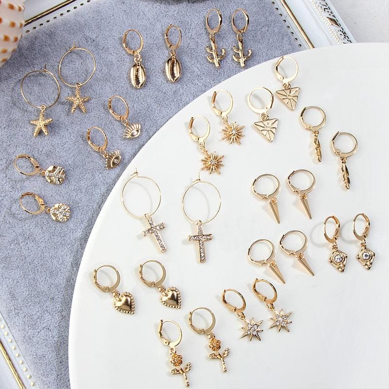Golden Hoop Earrings (Crosses, Roses, Hearts, Stars, Shells... 16 Different Variants!) - Asian Fashion Lianox