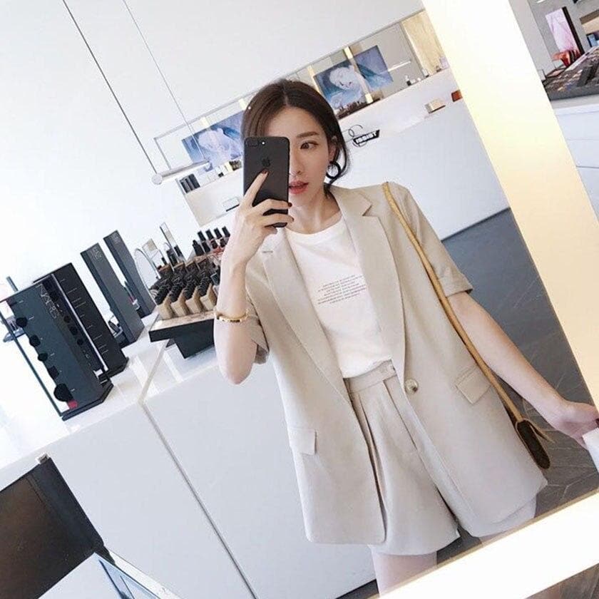 2-Piece-Set Shortsleeved Blazer + Shorts - Asian Fashion Lianox