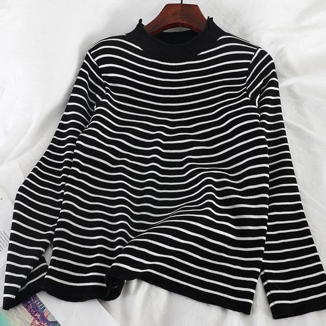 Knitted Turtleneck With Stripes - Asian Fashion Lianox