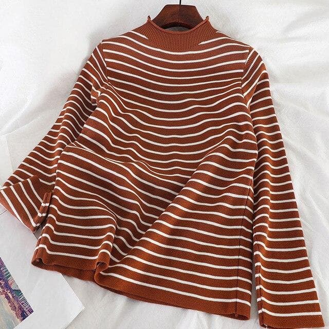 Knitted Turtleneck With Stripes - Asian Fashion Lianox