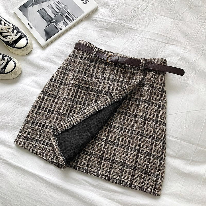 Plaid Skirt with Belt - Asian Fashion Lianox