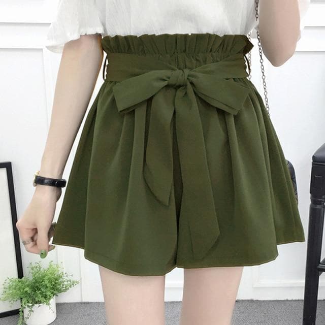 High-Waist Paperbag Shorts With Bow - Asian Fashion Lianox