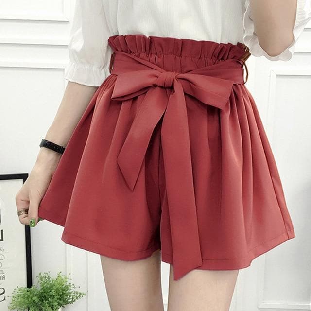 High-Waist Paperbag Shorts With Bow - Asian Fashion Lianox