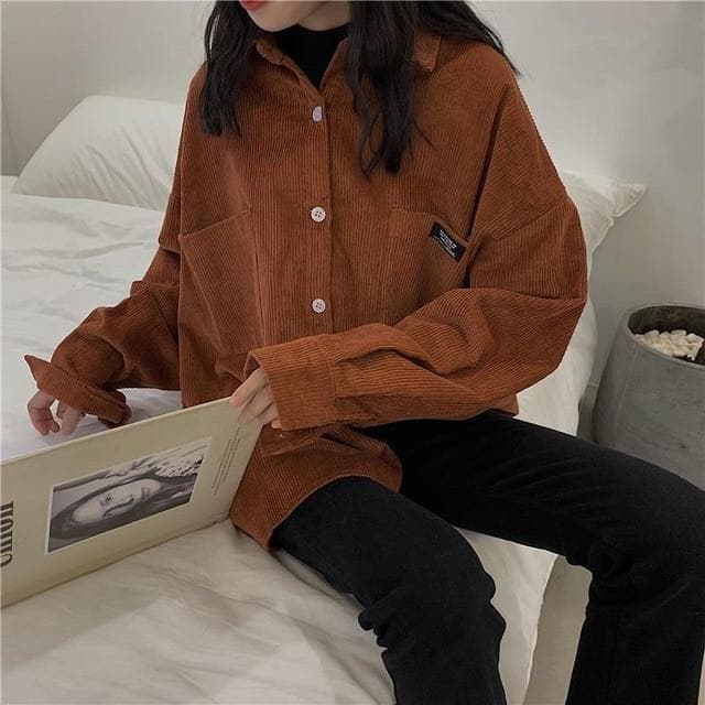 Corduroy Longsleeve Shirt - Asian Fashion Lianox