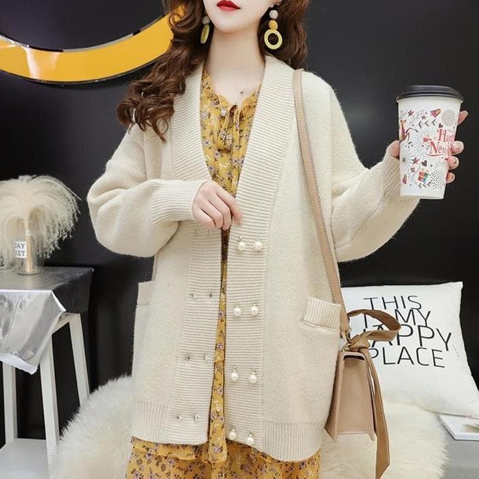 Cardigan with Pearl Buttons - Asian Fashion Lianox