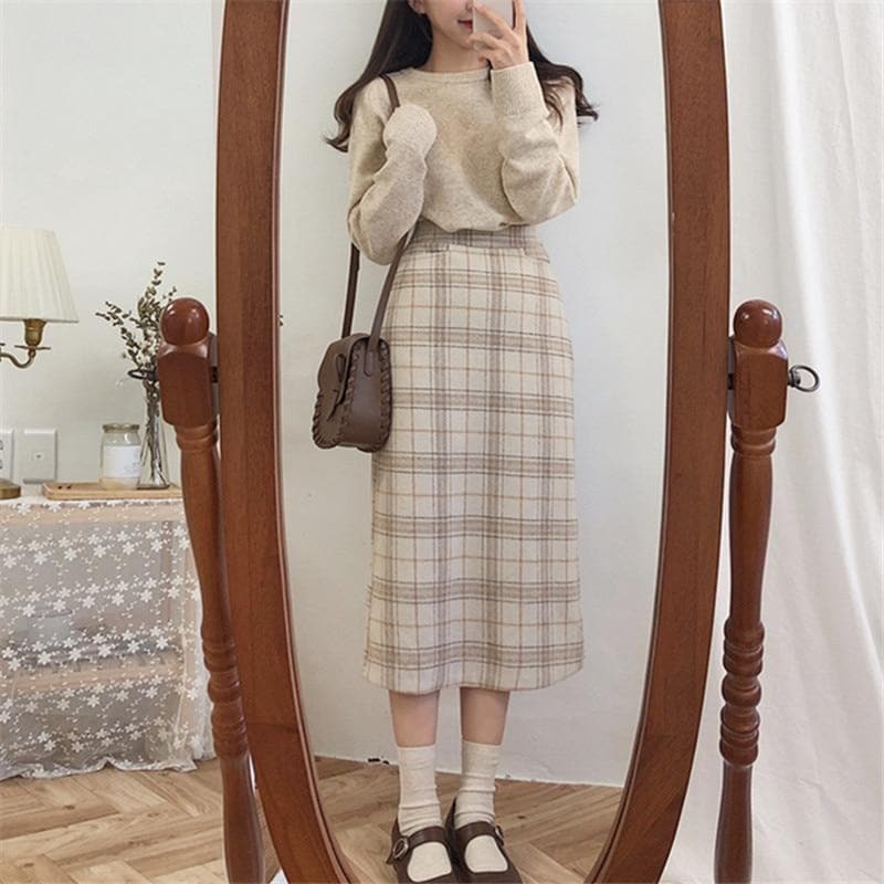 Plaid Pencil Winter Skirt - Asian Fashion Lianox