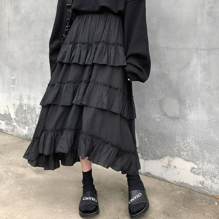 Ruffled High-Waist Skirt With Asymmetrical Cut - Asian Fashion Lianox