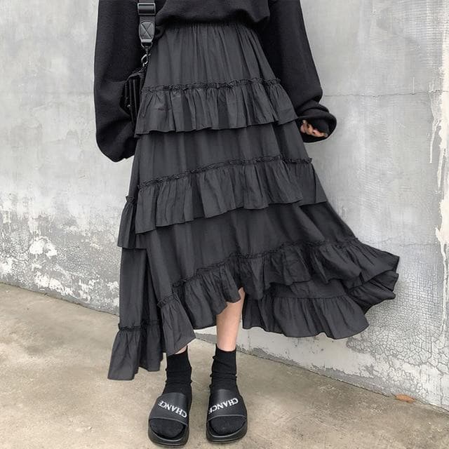 Ruffled High-Waist Skirt With Asymmetrical Cut - Asian Fashion Lianox