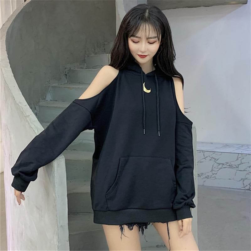 Cold-Shoulder Moon Hoodie - Asian Fashion Lianox