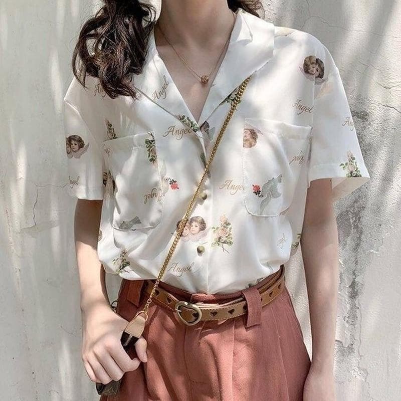 Collared Blouse with Short Sleeves and Angel Print - Asian Fashion Lianox