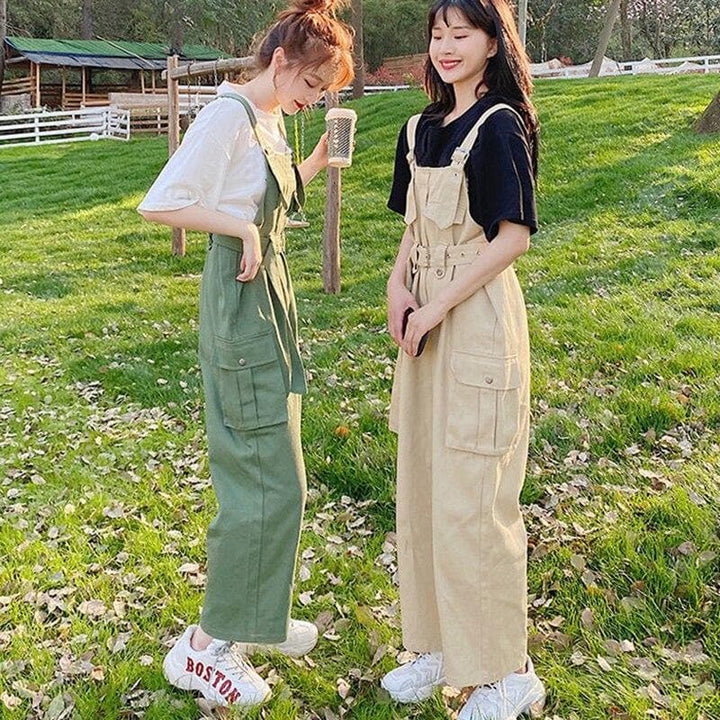 Dungarees With Waist Belt and Pockets - Asian Fashion Lianox
