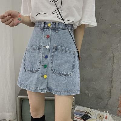 Denim Skirt with Colorful Buttons - Asian Fashion Lianox